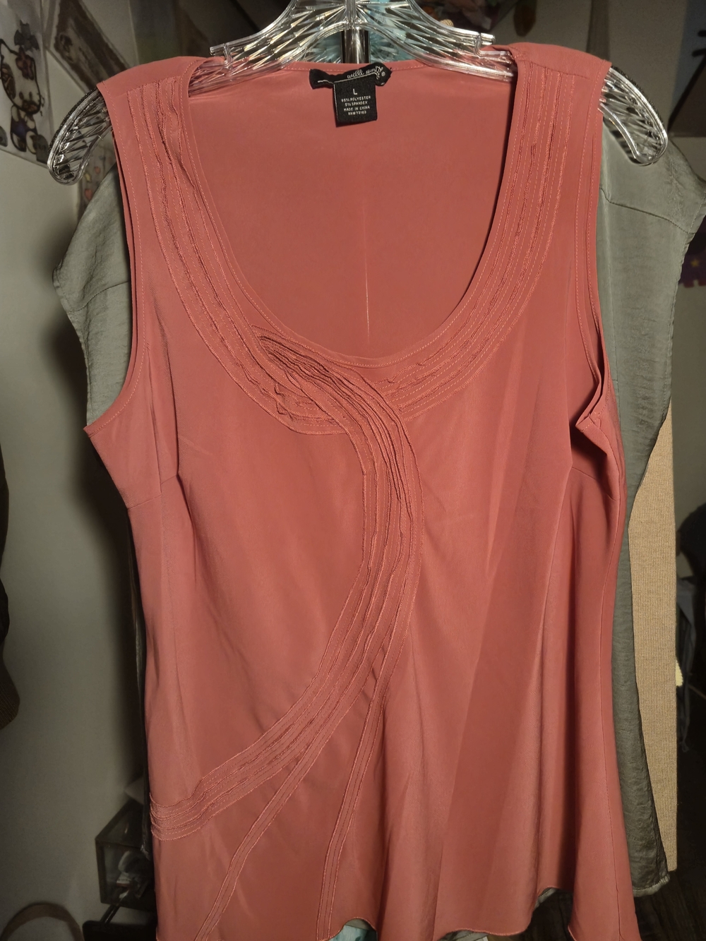 Womans Willi Smith Sz Large Dark Coral Scoop Neck Sleeveless Sheer Tank Top
